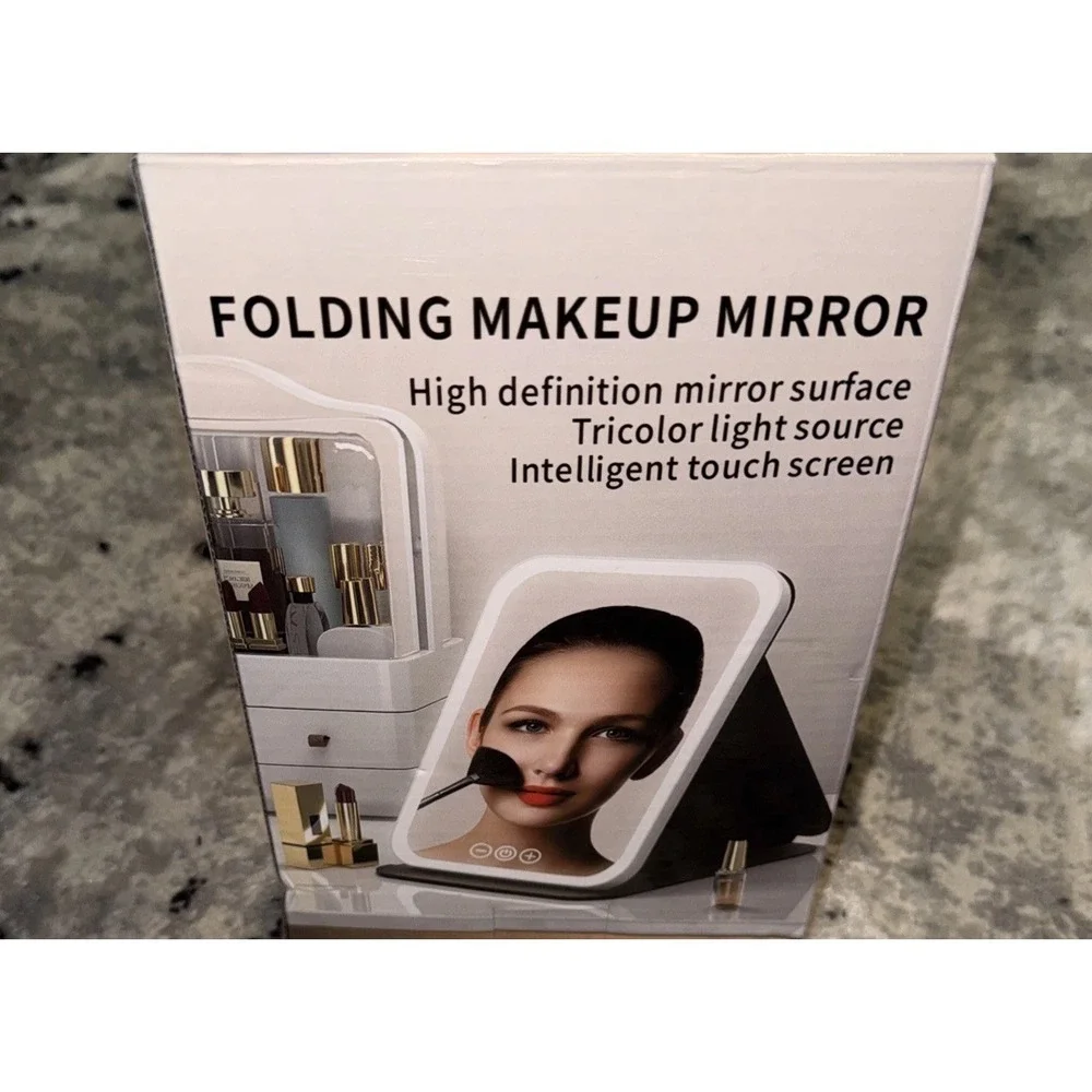 Portable Rechargeable LED Makeup Mirror Foldable Lighted Vanity Mirror Tri Color